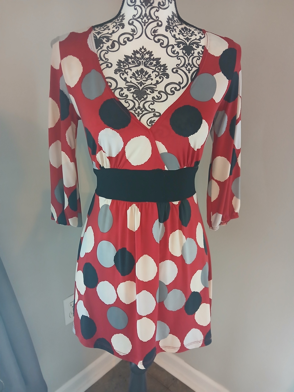 koi Red Polka Dot V-Neck Blouse with Black Waistband